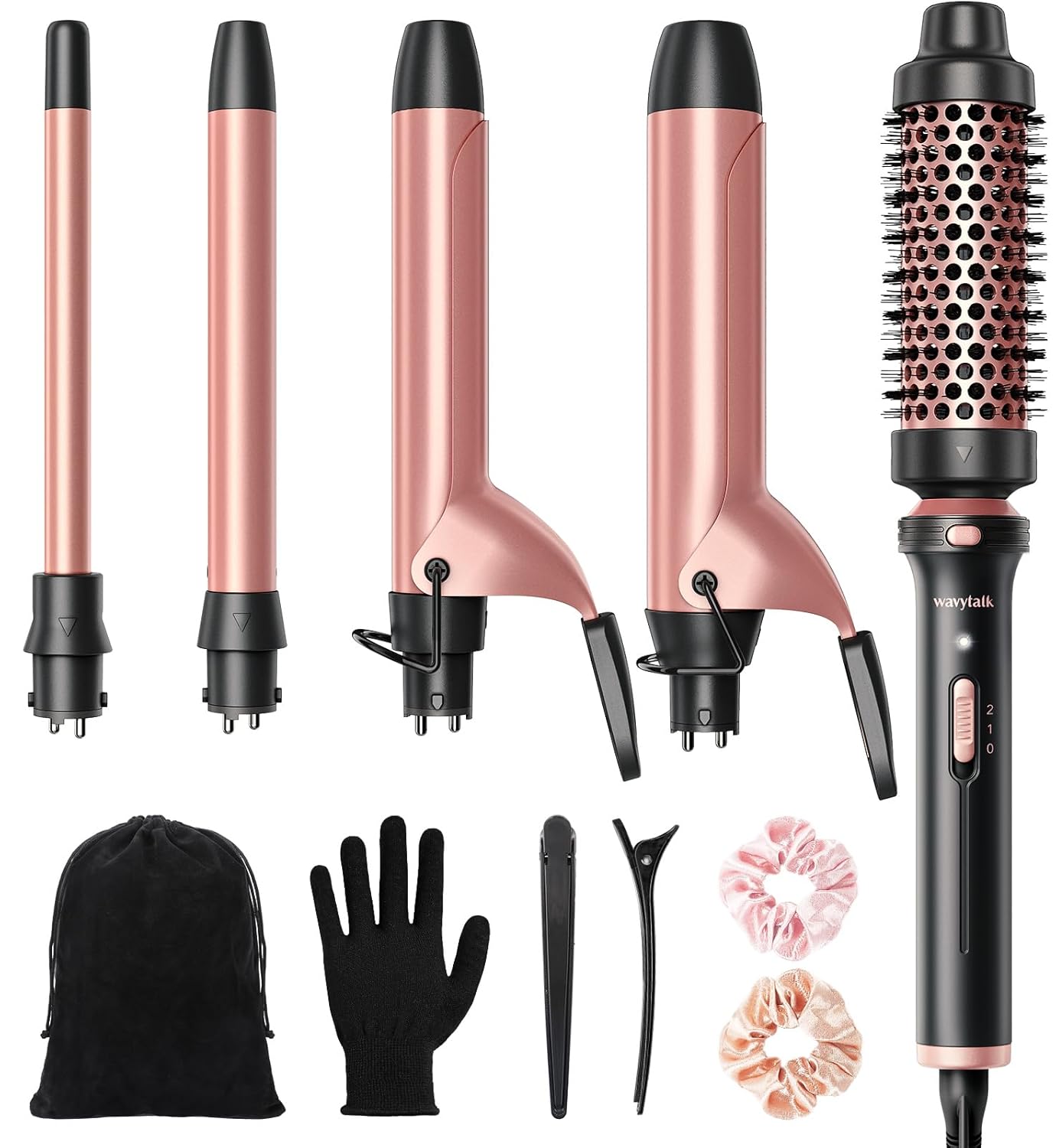 Wavytalk 5 in 1 Curling Iron,Curling Iron Set with Heated Round Brush and 4 Interchangeable Ceramic Curling Wand(0.5"-1.25"), Instant Heat Up,Dual Voltage Hair Curler